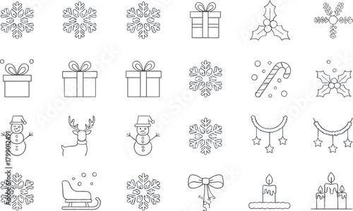 Christmas and winter holiday icon set, snowflakes, gifts, holly, candy cane, snowman, reindeer, sleigh, festive vector illustration, black line drawing
