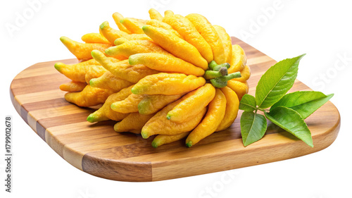 Buddha's hand citron fruit with green leaves on a wood board