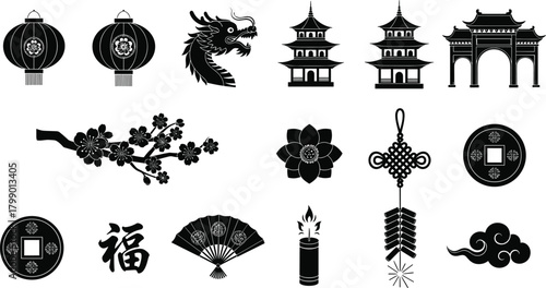 Chinese cultural icons, lanterns, dragon head, pagoda, traditional gate, cherry blossom branch, lotus flower, fortune character, coins, knot, fan, firecracker