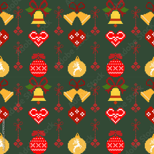 A festive pattern featuring Christmas bells, hearts, ornaments, and ribbons in vibrant colors against a dark green background.