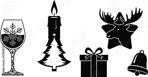Christmas holiday silhouettes, wine glass snowflake, festive candle tree, moose star design, wrapped gift box, seasonal bell ornament, winter celebration icons