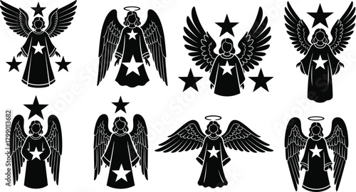 Tableau sur toile Christmas angel silhouettes, spiritual guardian icons, festive star designs, div