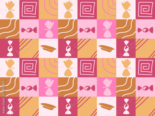 Seamless endless pattern of colorful bright squares with doodle patterns and candy candies