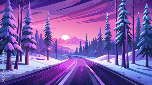 A serene remote road cutting through frosted trees, blanketed in deep snow, illuminated by a dreamy purple-pink winter sky, creating a magical and peaceful Lapland-style atmosphere