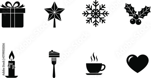 Christmas holiday vector icons silhouette set, gift box, star shape, snowflake, holly berries, candle, coffee cup, cake slice, heart symbol
