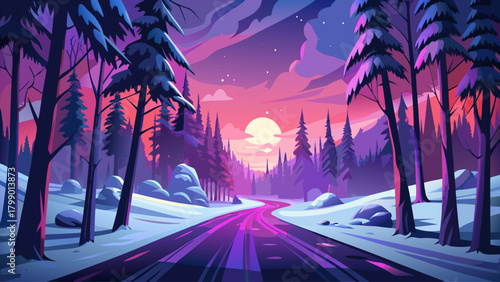 A quiet and remote forest road surrounded by heavy snow and shimmering frost, glowing under a dramatic pink-violet sky that enhances the ethereal beauty of the winter wilderness