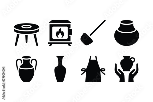 Pottery studio tools and supplies icons set