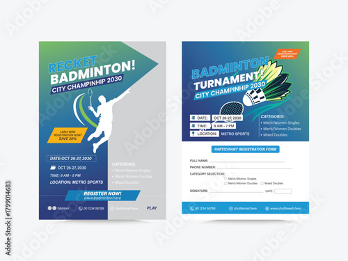Badminton tournament poster template and tournament Registration Form,  Badminton championship promo poster realistic template