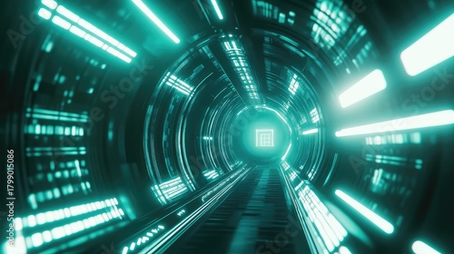 Fototapeta Naklejka Na Ścianę i Meble -  Futuristic neon tunnel glowing moving towards digital portal