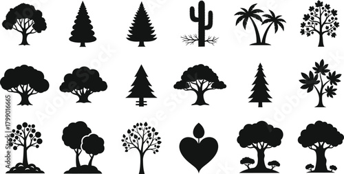 Collection of diverse tree silhouettes representing various species and styles for design and illustration purposes