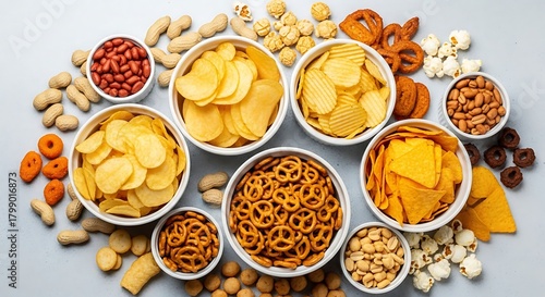 A variety of savory snacks including potato chips, pretzels, peanuts, and tortilla chips arranged in bowls and scattered around a table