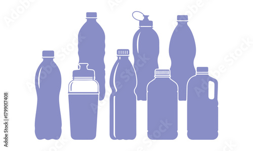 Collection of colored silhouettes of water bottles, vector art.

