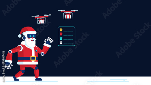 Robot Santa Claus and drones delivering Christmas gifts