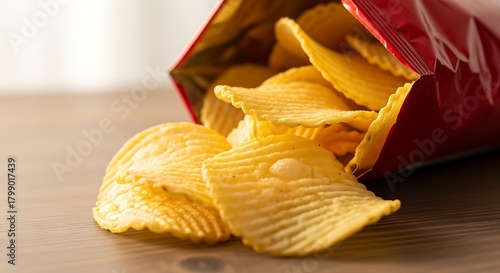 A bag of ridged potato chips spilling onto a wooden surface, a classic and irresistible salty snack