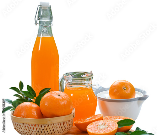 Fresh orange juice in glass with wooden juicer and isolated on transparent background.