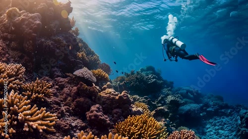 Scuba diver exploring coral reef: A lone scuba diver gracefully navigates the vibrant coral reef, descending into the depths of the blue ocean waters, revealing underwater marvels.
