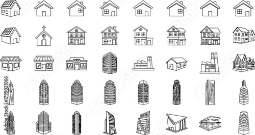 Collection of hand drawn architectural building sketches and icons representing diverse housing and urban structures