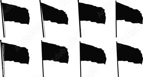 Eight black flags waving on poles against a white background in a grid pattern