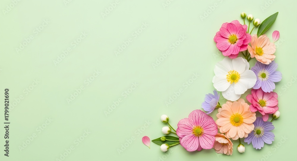 Fototapeta premium Soft pastel floral arrangement on a light green background