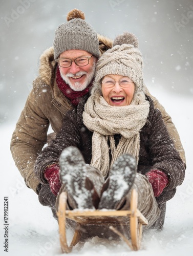 beautiful senior couple on sledge having fun winter day no logos no brands ar 34
