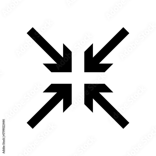 Black arrows pointing inward to a central point, forming a collapse or minimize icon symbol. clean graphic design element on white.