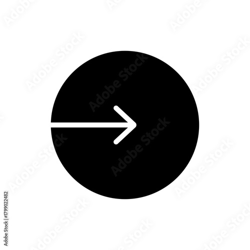 Right arrow glyph inside a solid black circular shape, representing navigation, next step, or forward progression on a white background