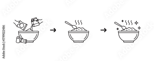 Cooking process silhouette. Guide for instant porridge, mashed potatoes, puree, and pudding made from dry powder with milk, water, salt, and sugar added. Outline icon set. Black vector illustration.