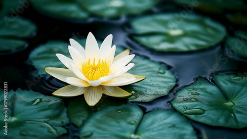 Lotus Serenity: A pristine white lotus flower, its petals unfurling in delicate symmetry, floats gracefully amidst a sea of verdant lily pads, creating a scene of serene beauty and tranquility.