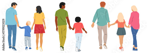 Set of familys of men, boy, girl and women, walk, back view, profile, different colors, cartoon character, silhouettes of holding hands people, flat icon design concept isolated on white background