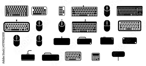 Vector Computer Peripherals Icons Set. keyboard, mouse, USB drive, calculator and storage devices. ideal for tech design, technology or office work