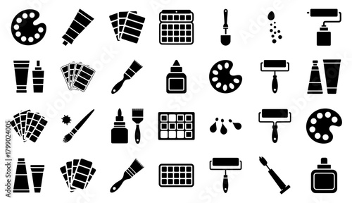 Black Art Supply Icons Set for Painting Design. brushes, palettes, paint tubes, rollers and color swatches. Ideal for creative hobby and craft themes. vector illustration