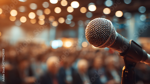 public speaker man in front of audience with microphone giving seminar lecture, congress symposium event, business presentation, knowledge sharing and corporate communication