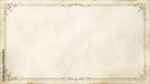 Vintage blank certificate background with ornate gold decorative border on aged parchment paper texture.