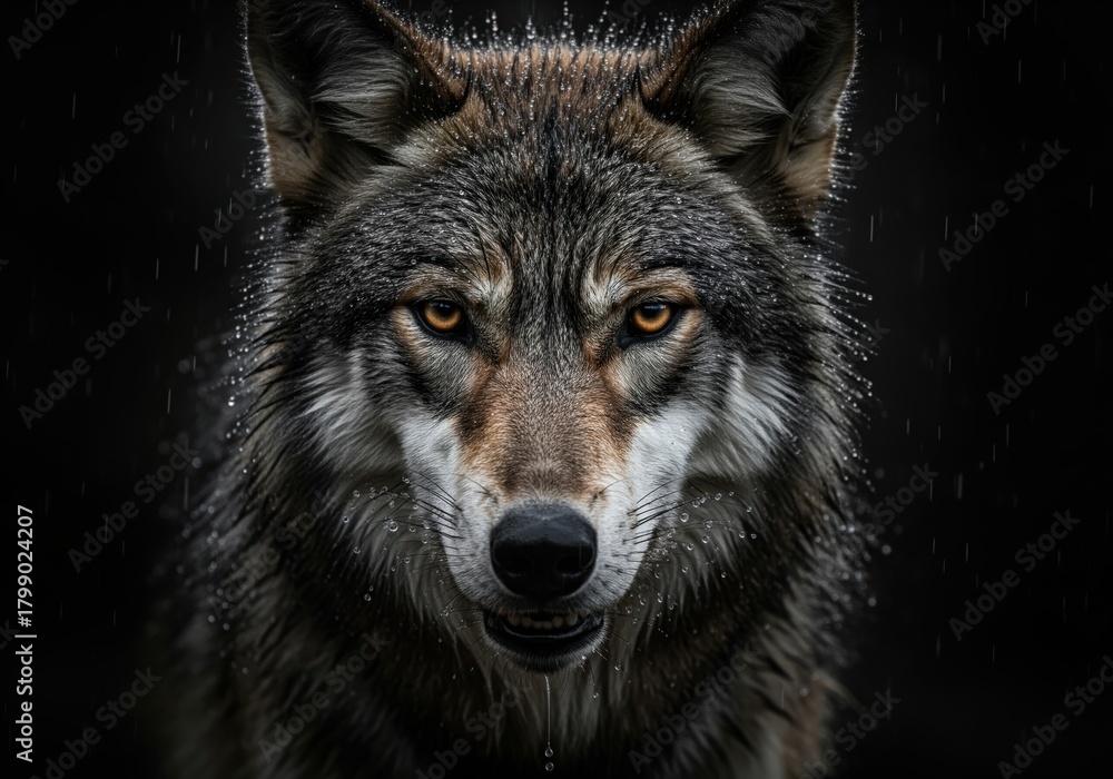Fototapeta premium Powerful headshot of a wild gray wolf with wet fur and piercing yellow eyes.