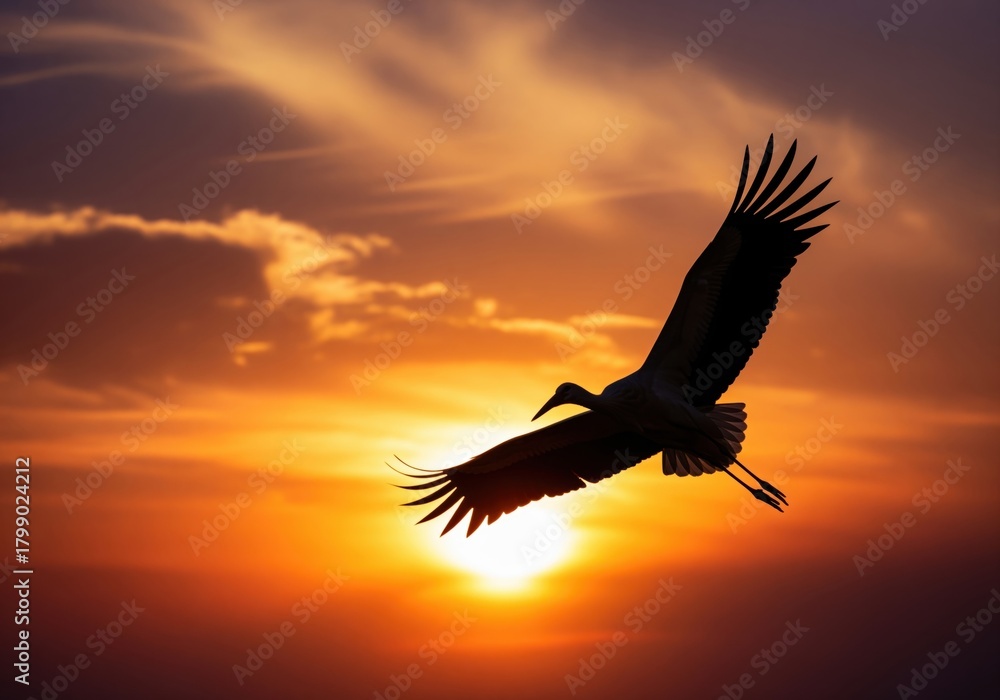Fototapeta premium Majestic stork silhouette soaring across a dramatic fiery orange and red sunset.