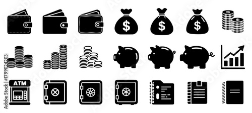 vector finance icons set for banking. including wallet, safe, piggy bank, coin, atm and money bag. silhouette illustration