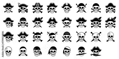 Pirate Skulls With Crossed Bones Swords, Bandanas And Hats. Represents Danger, Adventure, Sea Robbery And Halloween. Vector Set Graphic Elements.