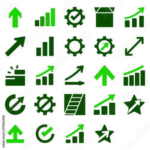 set of green icons of business growth, progress, efficiency or development and success. featuring various arrows, bar charts, gears and checkboxes. vector illustration