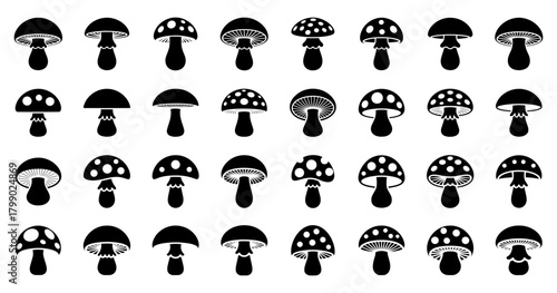 Mushroom Toadstool Fungus Nature Icon Set. spotted caps Silhouette Vector Illustration. plant biology organic graphic design element