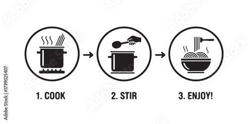 Making pasta or spaghetti. Guidelines for packaging design. Black silhouette icon. Cook in a saucepan, mix, meal is done. Outline isolated vector pictogram, white background.