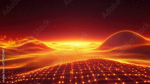 Fototapeta Naklejka Na Ścianę i Meble -  Digital wireframe landscape with glowing data points and city