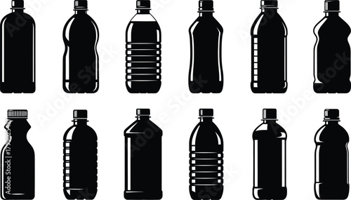 Collection of diverse black plastic beverage bottles in silhouette on white background