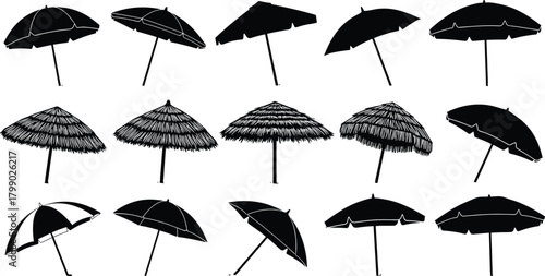 silhouette, beach, umbrella, parasol, summer, shade, tropical, vacation, sunshade, outdoor, coastline, resort, illustration, set, collection, shadow, beachside, design, travel, element