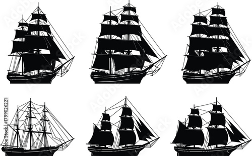 Historic sailing ships, vintage tall ships, nautical silhouettes, classic maritime vessels, old wooden ships, antique seafaring boats, detailed ship illustrations
