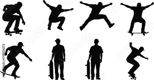 silhouette, skateboarder, skateboarding, performing, tricks, extreme, sport, action, jump, ollie, stunt, rider, freestyle, urban, motion, balance, dynamic, skate, athlete, illustration