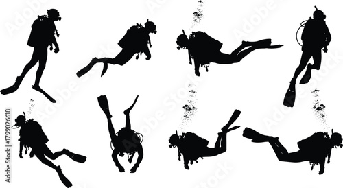 Silhouette scuba divers underwater in various swimming and diving poses, ocean exploration, professional diving activity, aquatic sport collection for marine adventure themes