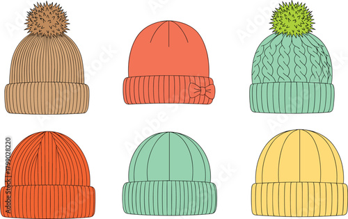 Colorful winter knitted beanie hat collection, warm wool cap designs for fashion accessories, apparel templates, cad drawing flat vector illustration