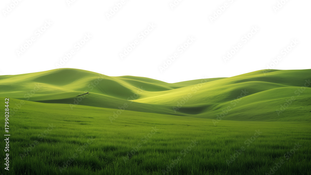 Obraz premium Smooth rolling green hills under a pale sky, minimalist natural landscape with serene atmosphere and soft wave-like shapes.