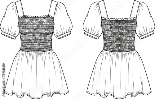 Smocked short dress fashion flat with puff sleeves, detailed CAD technical drawing, vector clothing template illustration for apparel designers and sewing production