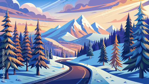 A tranquil nature travel scene with a winding mountain road blanketed in snow, surrounded by pine trees and gentle winter light highlighting the natural beauty of the season